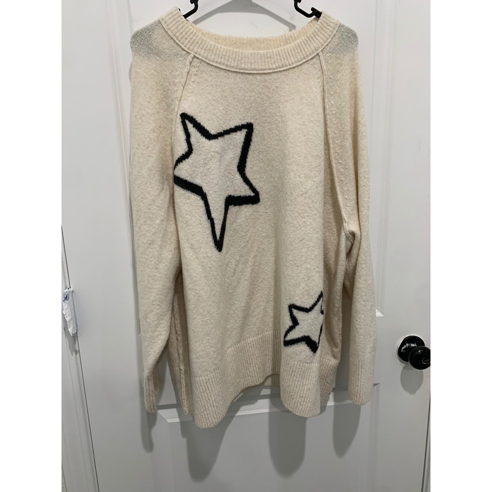 Aerie Oversized Star Print Crewneck Sweater Cream Black XL Raglan Pullover